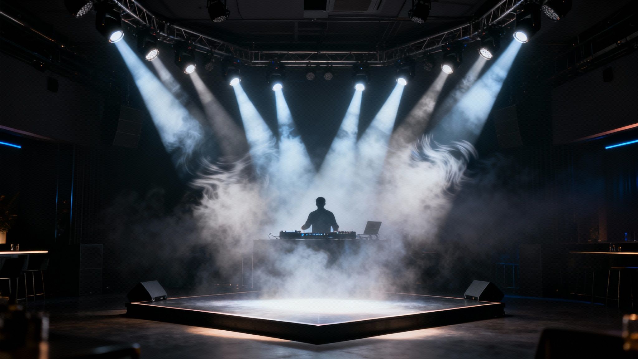 A DJ performing on a stage amidst smoke and dramatic spotlights in a dark club.