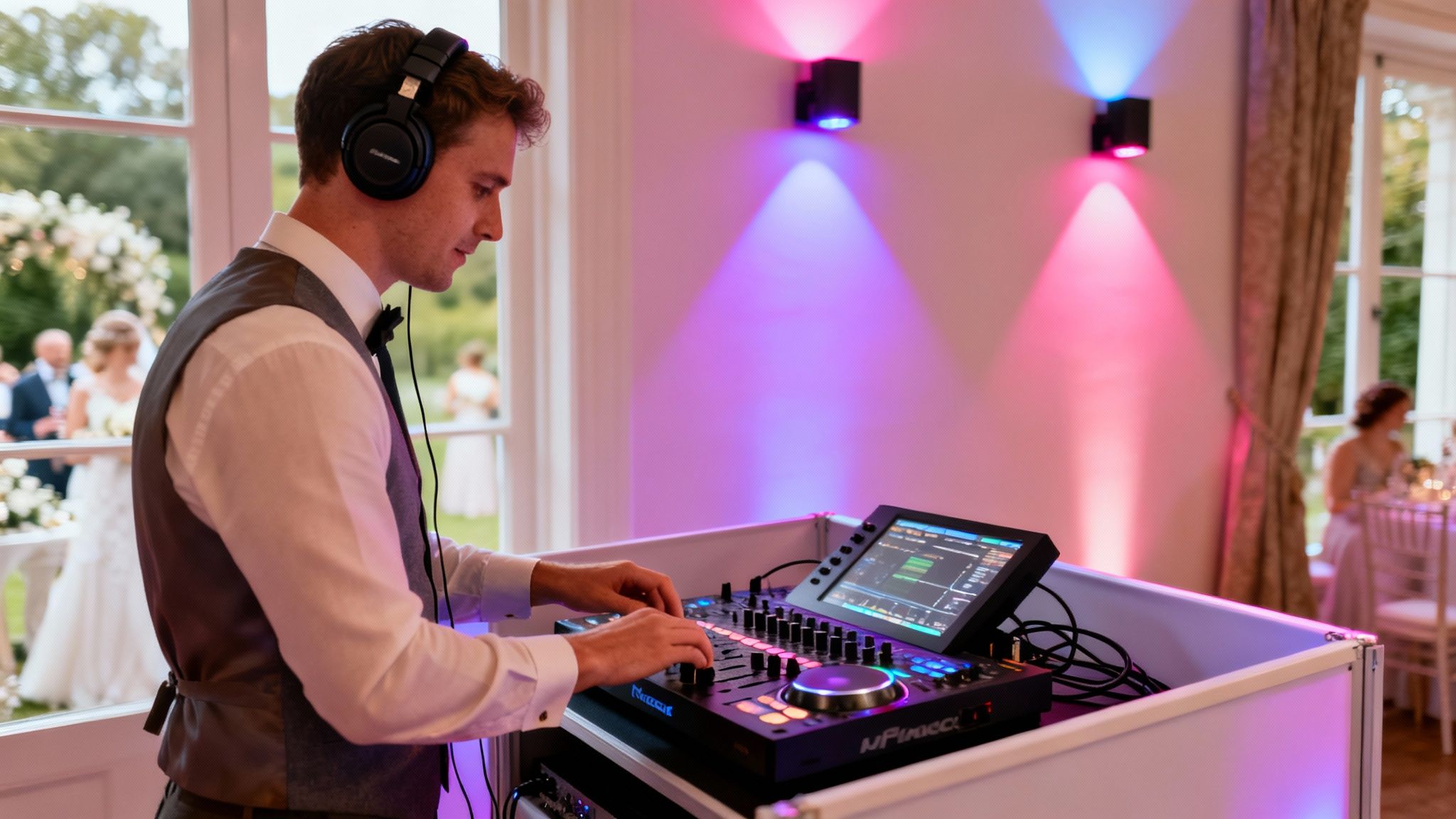 A DJ wearing headphones mixes music on his console at a lively wedding reception with colorful uplighting.