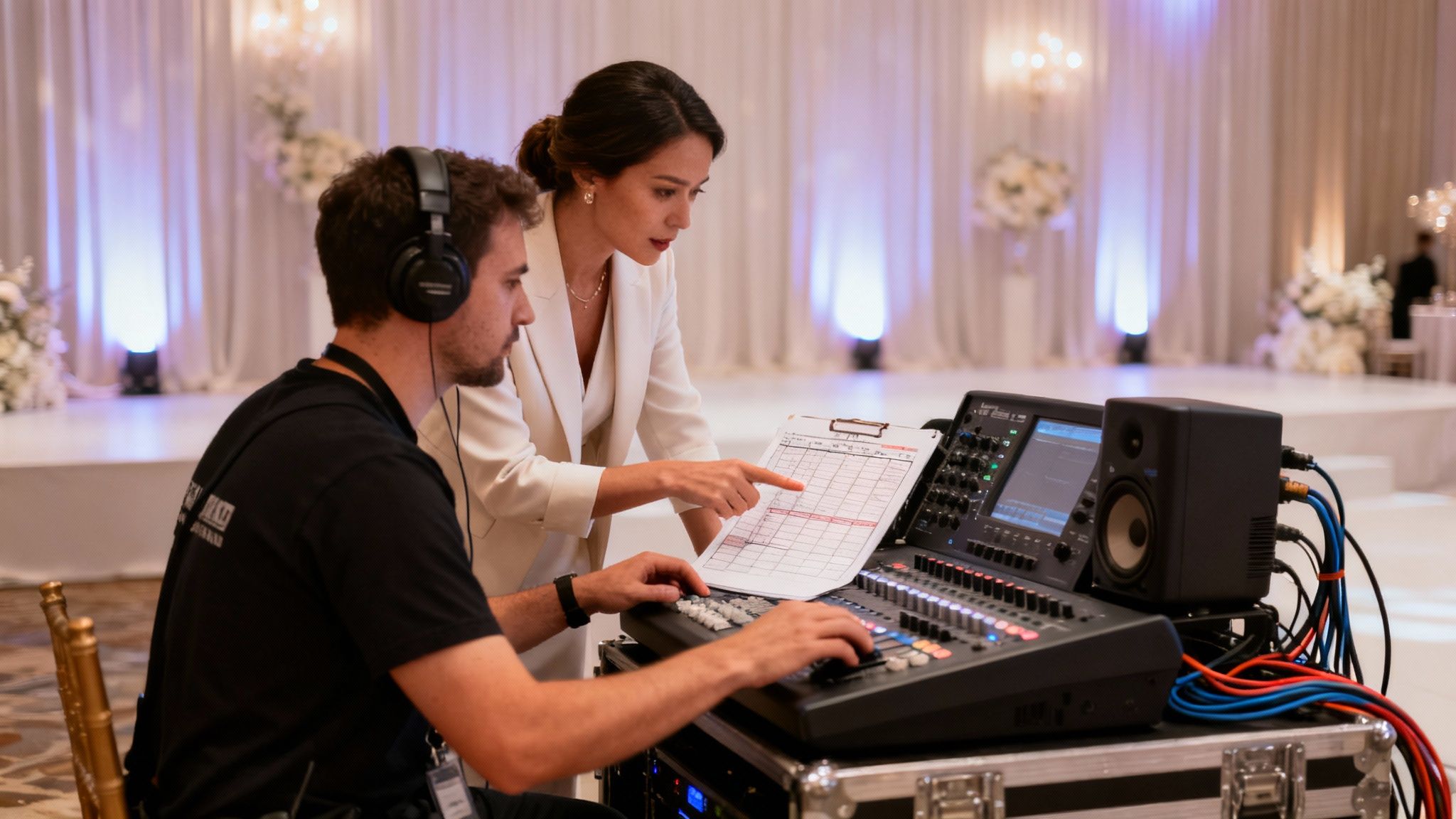 An event coordinator and sound technician review a schedule at an elegant wedding venue.