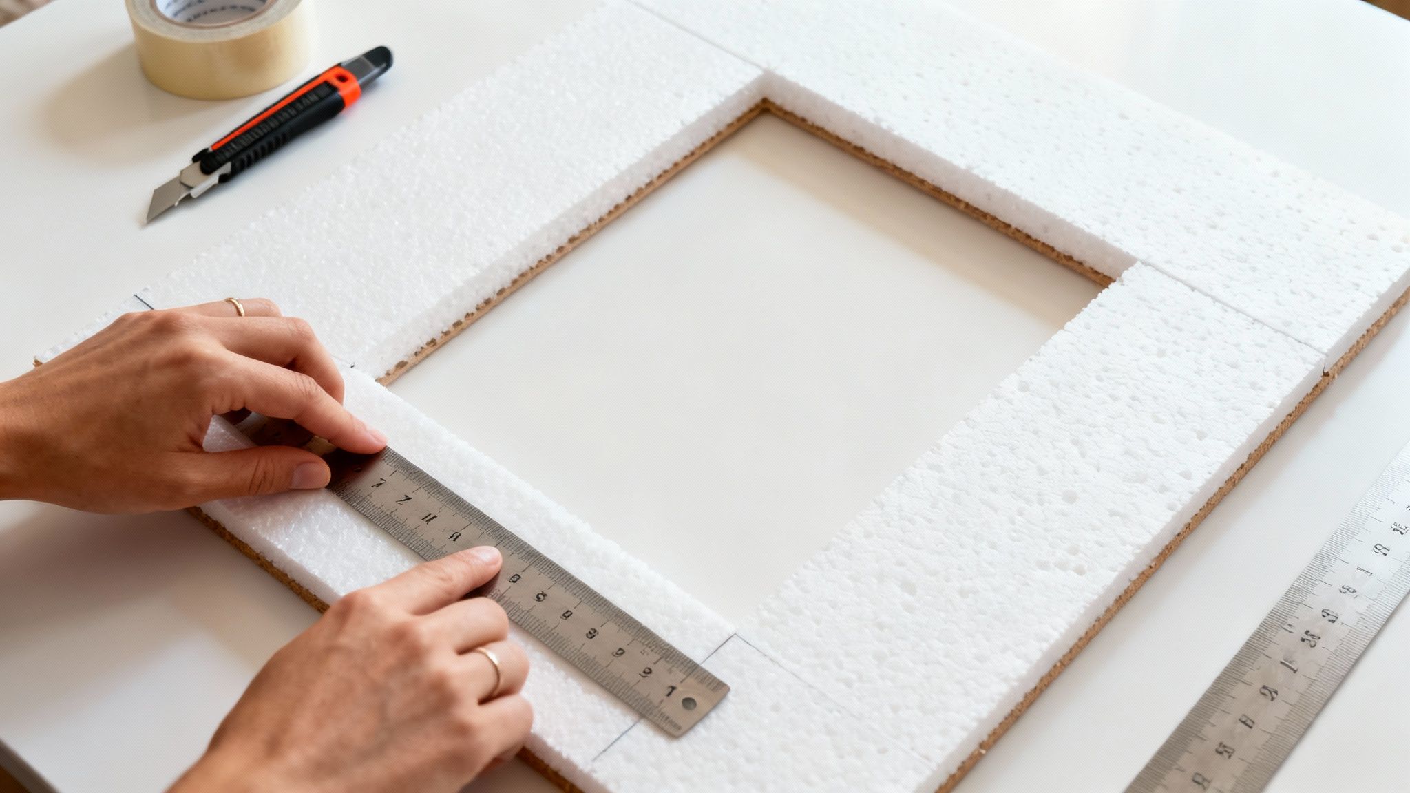 Someone painting a white DIY photo booth frame on a wooden floor, surrounded by art supplies.