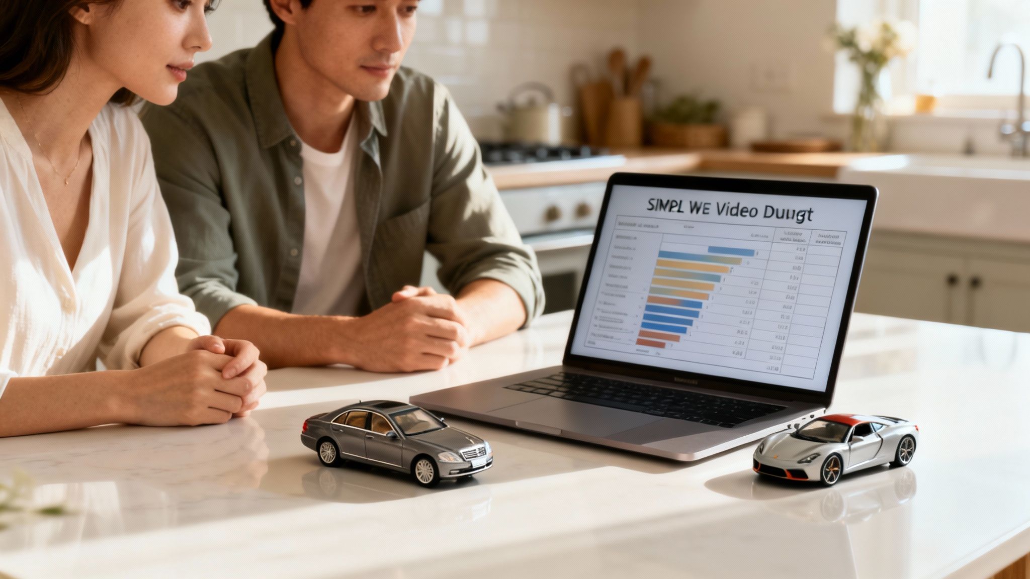 A couple discusses car purchase options while looking at data on a laptop, with two toy car models on the table.