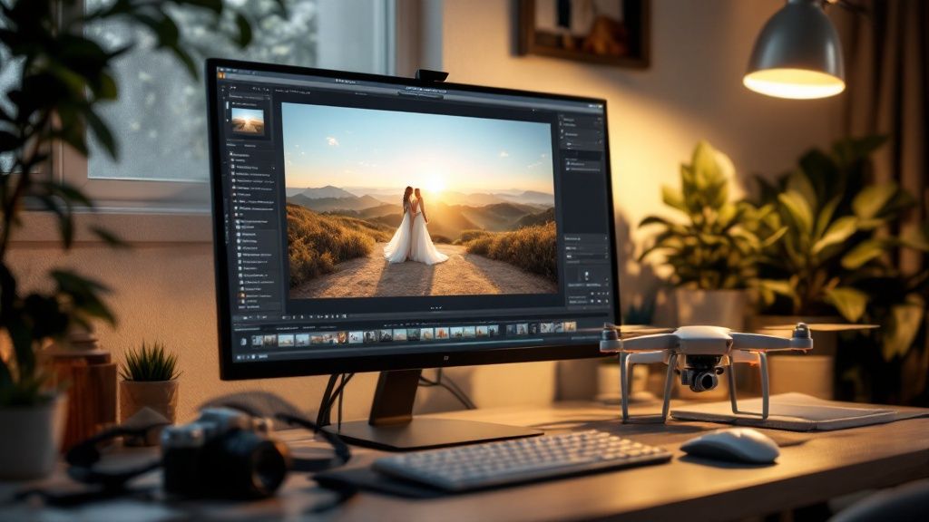 Creative drone shot of wedding guests forming a heart