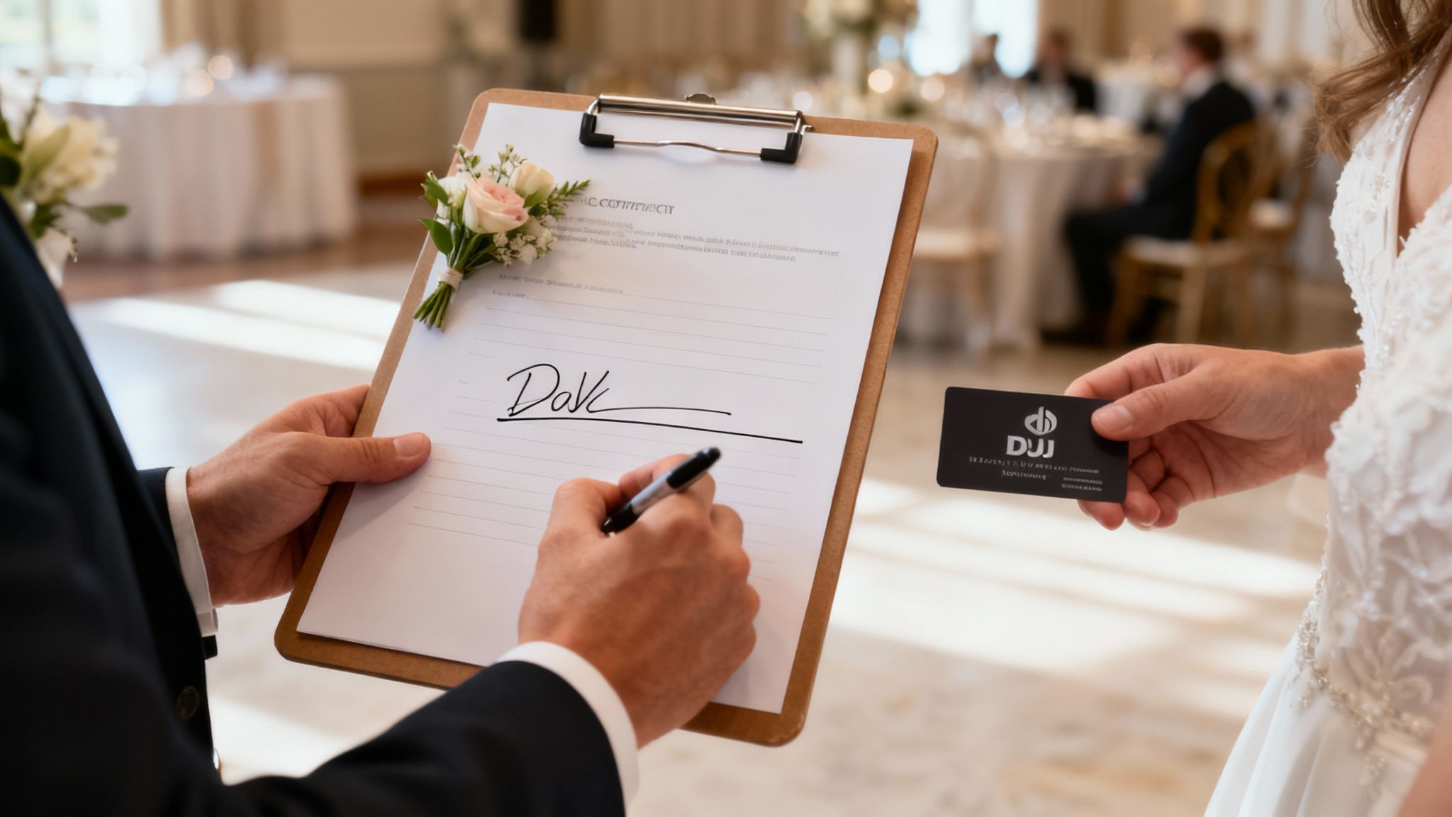 A signed contract and wedding rings on a wooden table.