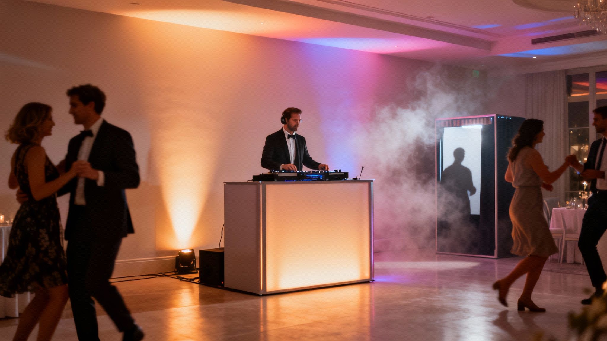 A DJ plays music at a party with couples dancing and a photo booth with smoke effects.
