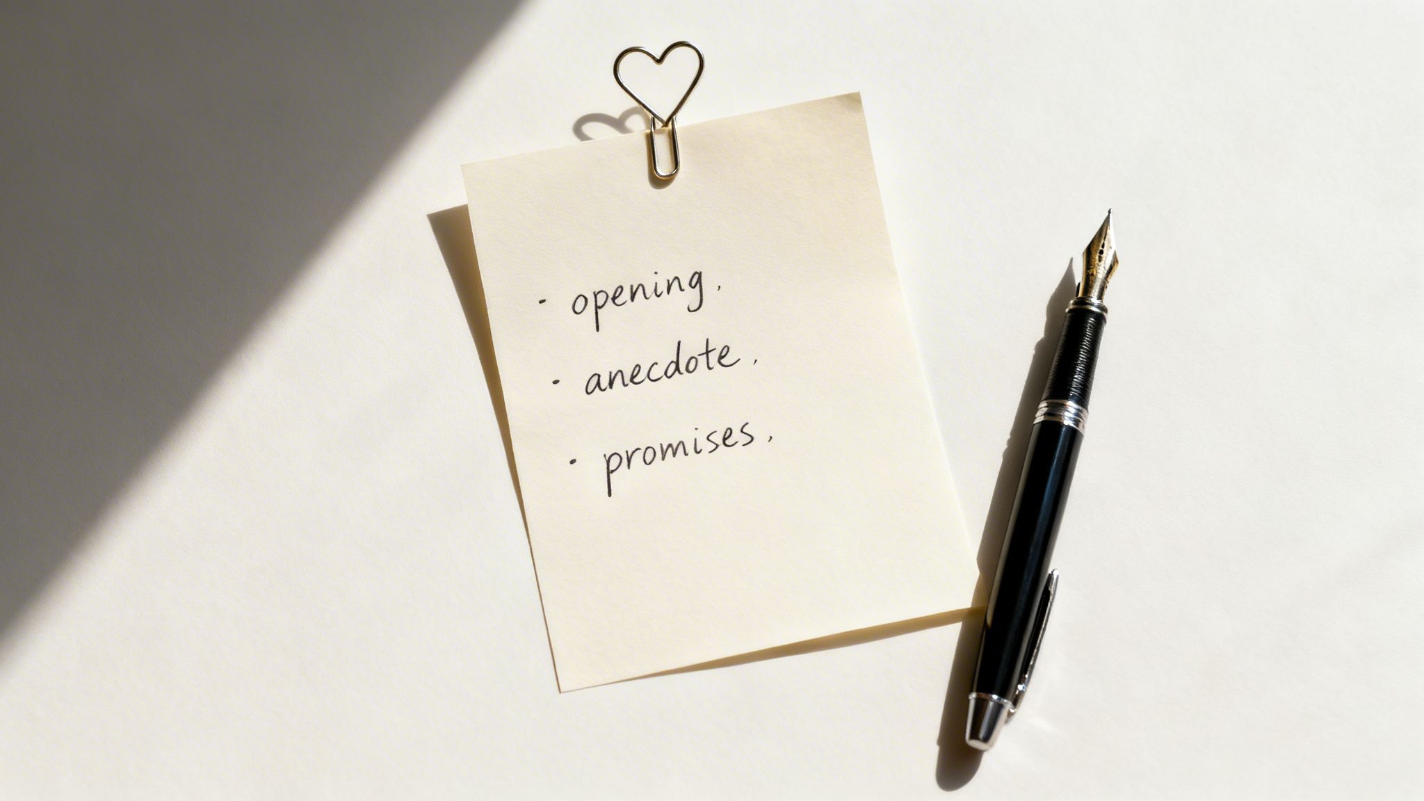 A handwritten note with 'opening, anecdote, promises' is held by a heart paperclip next to a fountain pen.