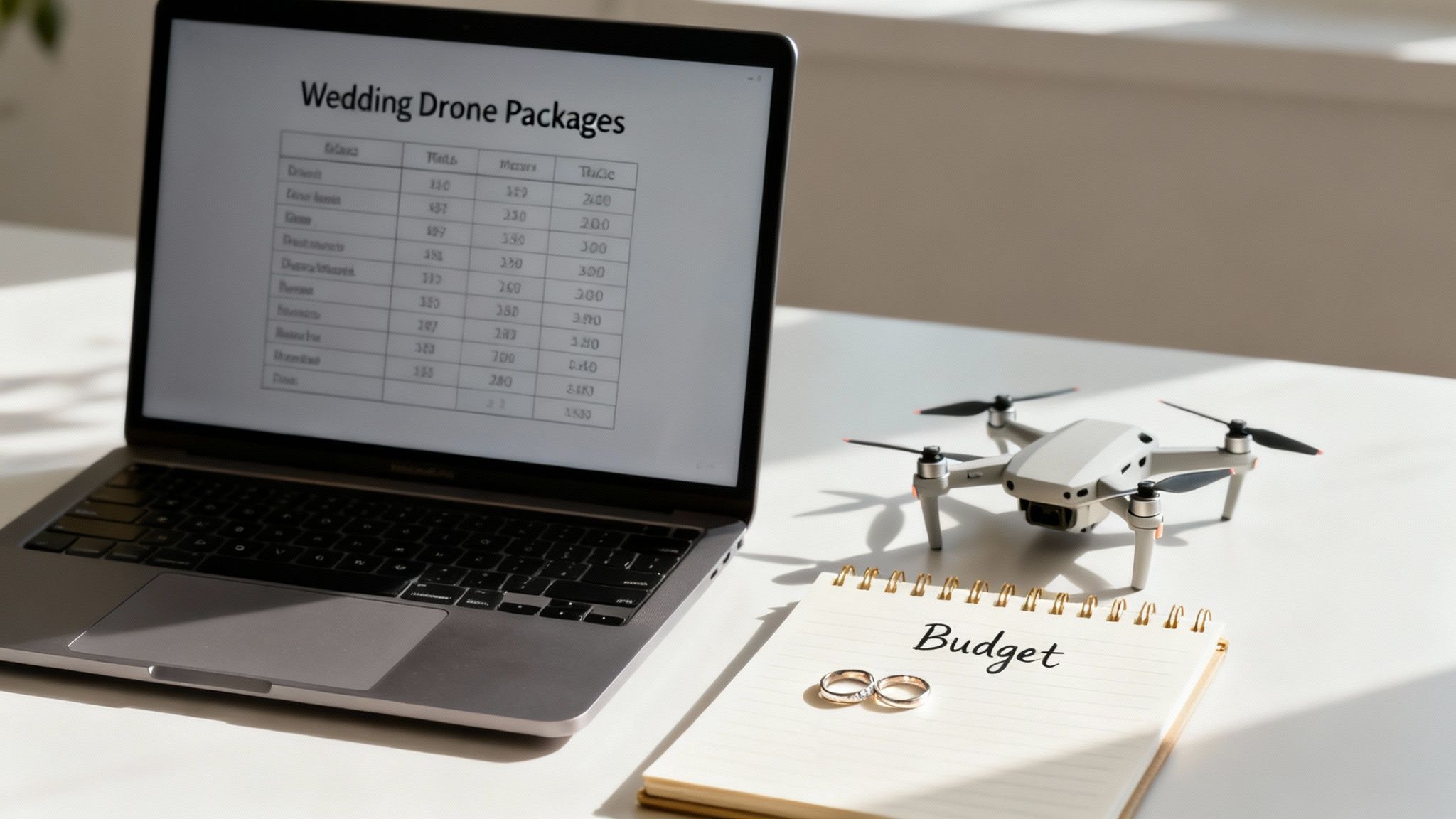 An aerial drone shot of a bride and groom standing on a picturesque cliffside overlooking a body of water.