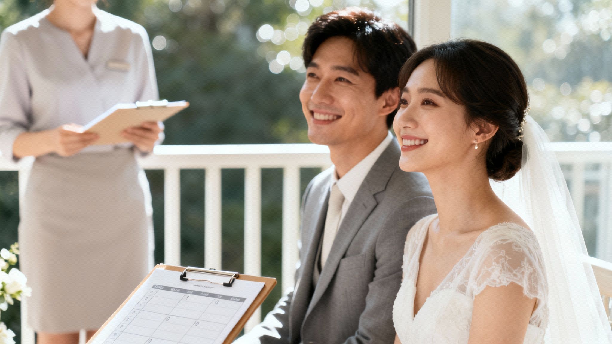 A happy Asian bride and groom smile at their wedding ceremony, with a planner present.