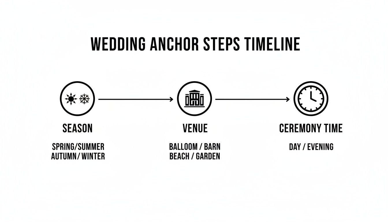 A wedding planning timeline illustrating key steps: season, venue, and ceremony time.