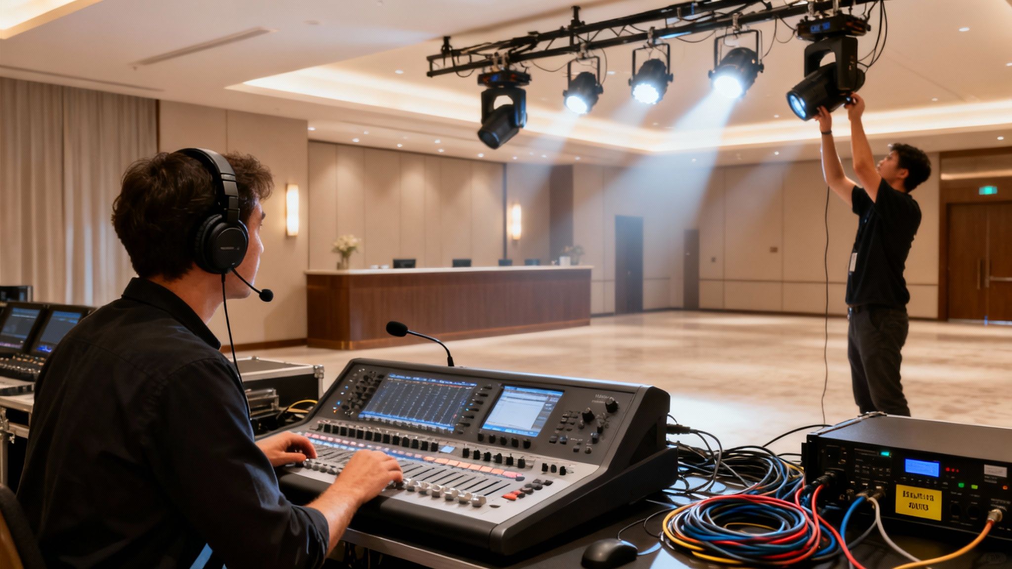 Event technicians preparing a venue with sound mixer and stage lights for a wedding.