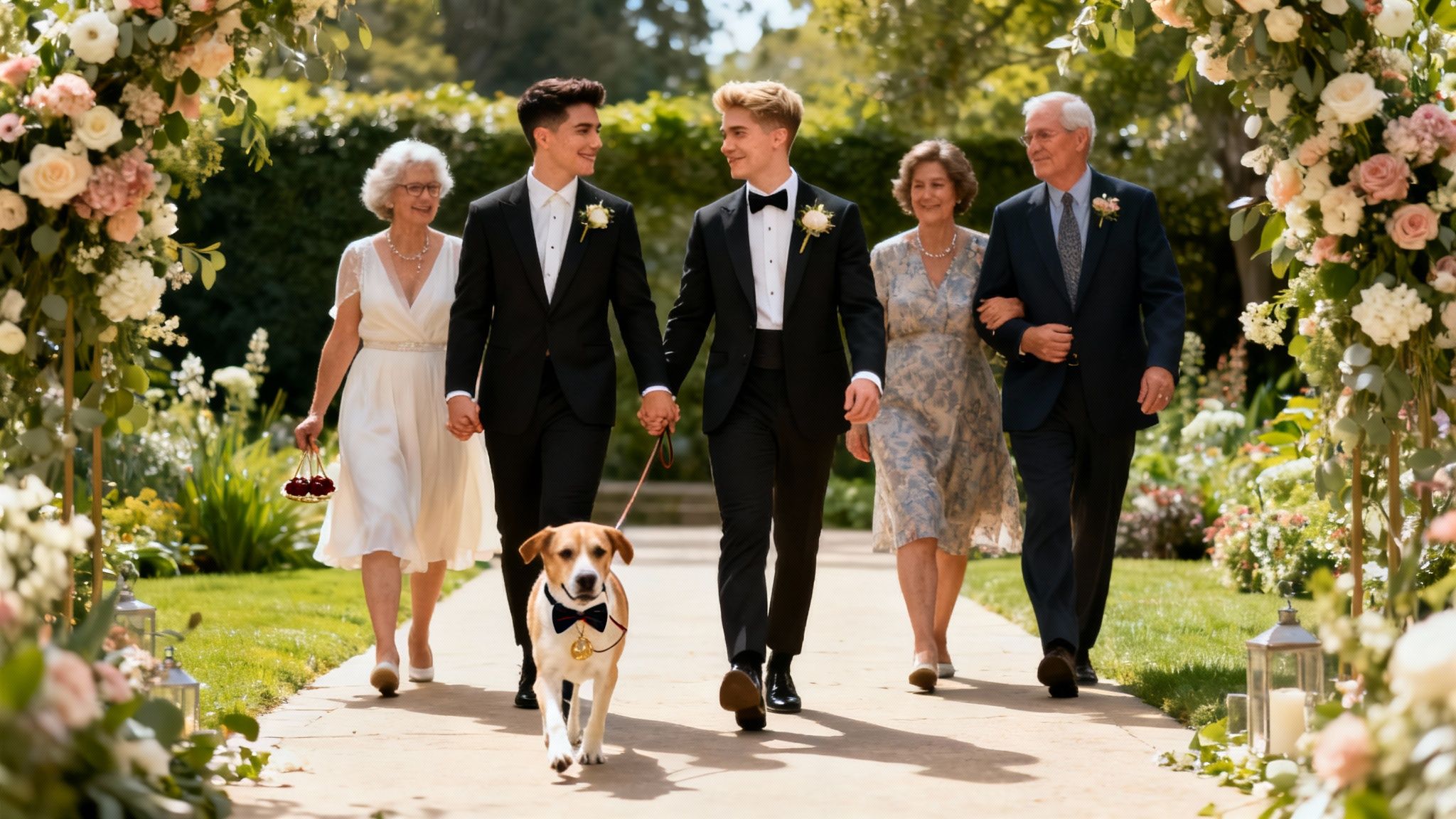 A bride and groom walking down the aisle together after their wedding ceremony