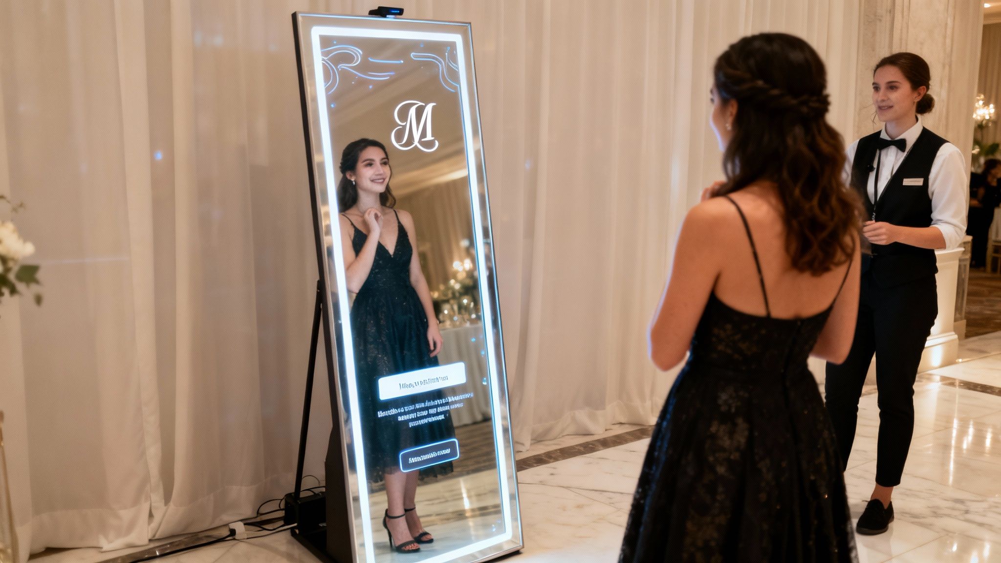 Young woman in black dress poses in front of a digital smart mirror photo booth at an event.