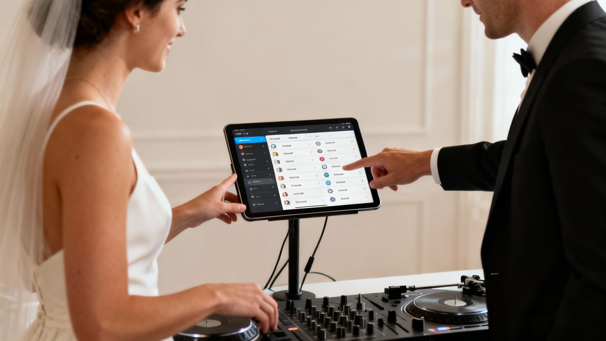 A bride and groom are enthusiastically talking with their DJ, pointing at a laptop screen displaying a playlist, with headphones and DJ equipment visible in the foreground.