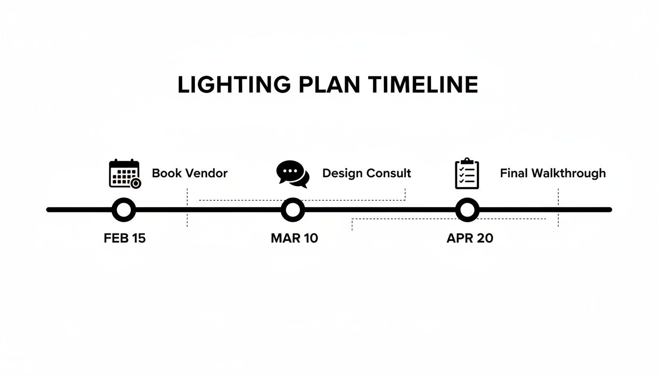 A minimalist lighting plan timeline displaying key milestones like Book Vendor, Design Consult, and Final Walkthrough.