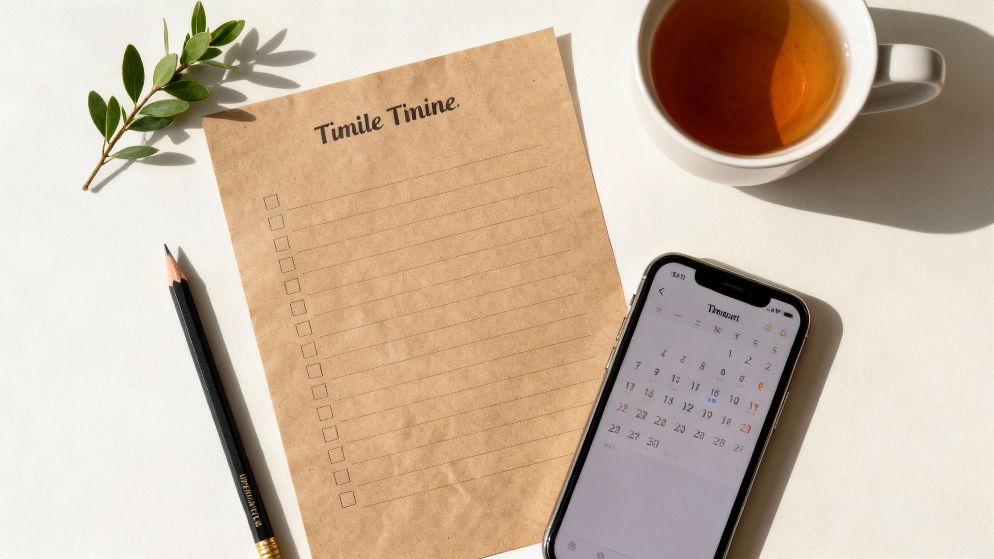 Flat lay of a brown checklist, pencil, green plant, tea, and smartphone calendar.