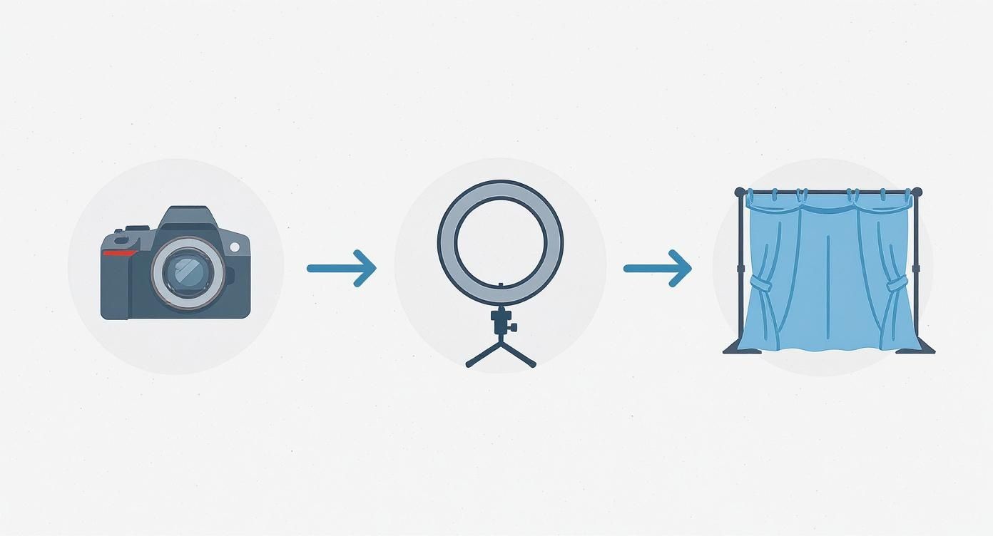 Photo booth setup guide showing camera, ring light, and backdrop curtain equipment progression
