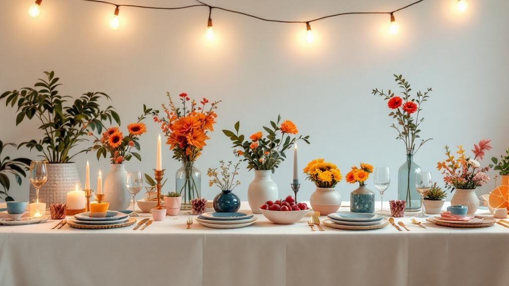 An elegant party setup with balloons, a floral arrangement, and a dessert table, illustrating beautiful party decorations.