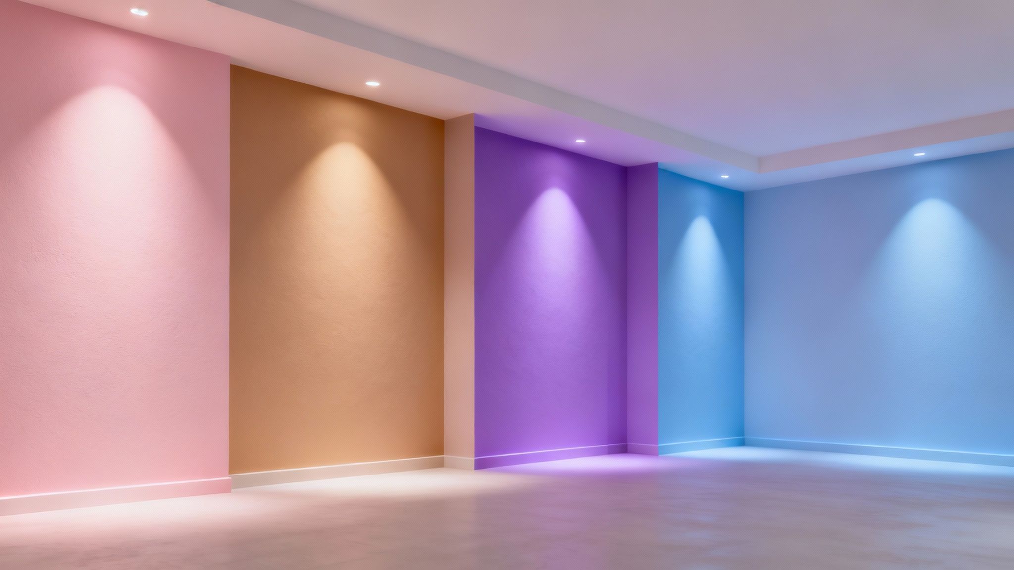 A wedding reception space with vibrant purple and blue uplighting on the walls and pillars, creating a lively party atmosphere.