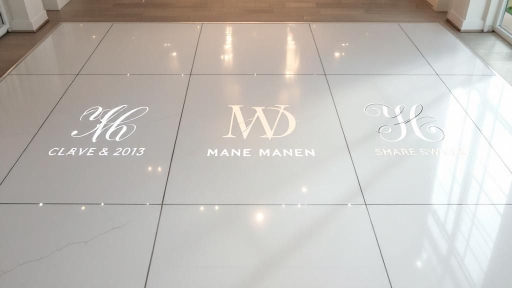 A monogram light projection that is well-placed and clearly visible in a dimly lit event space.