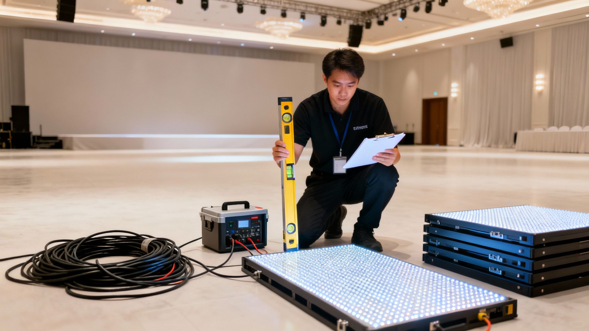 A technician levels illuminated LED floor panels with a spirit level and clipboard in a large hall.