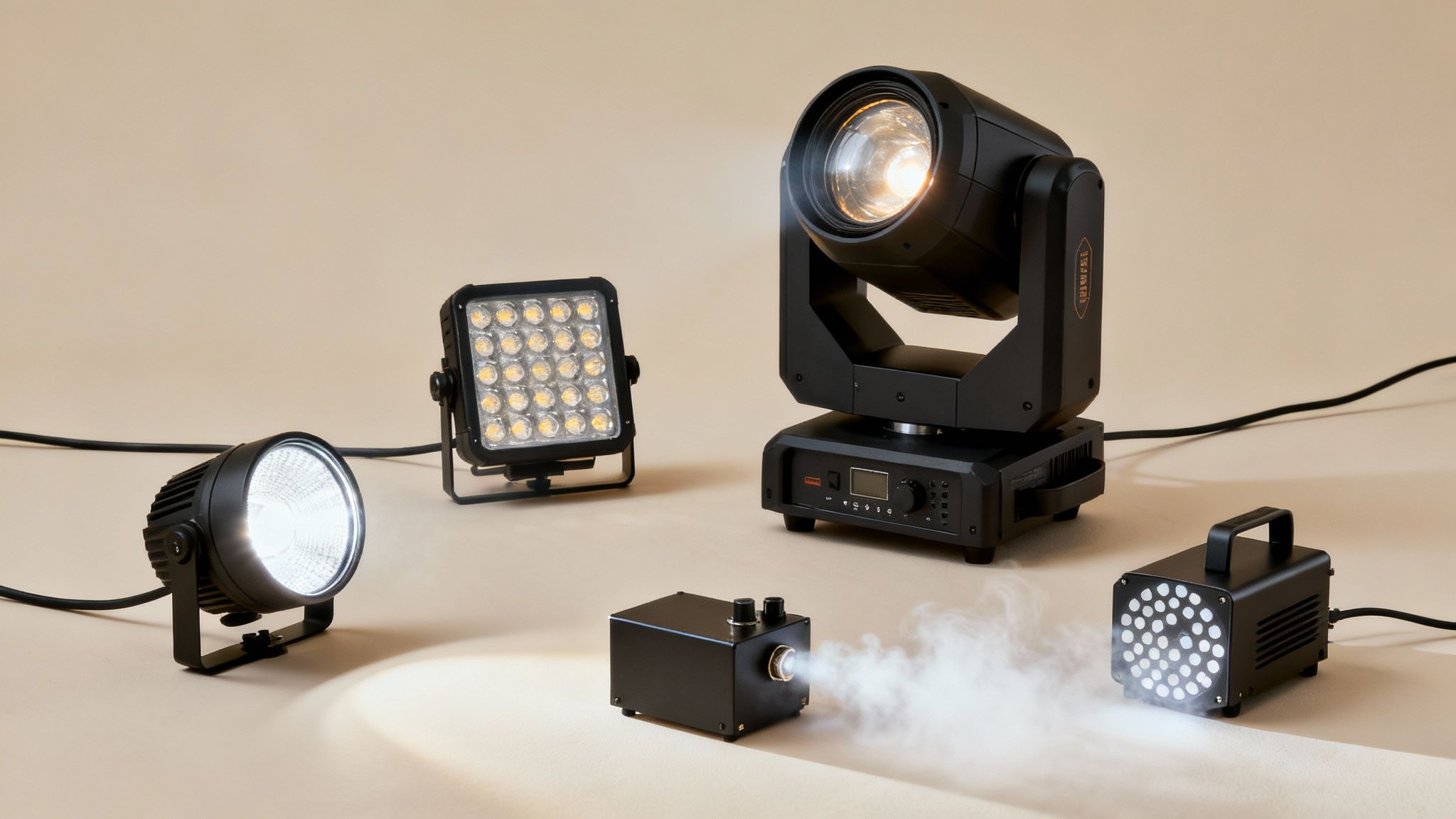 A collection of black stage lights, LED panels, and a fog machine emitting light and mist on a beige background.