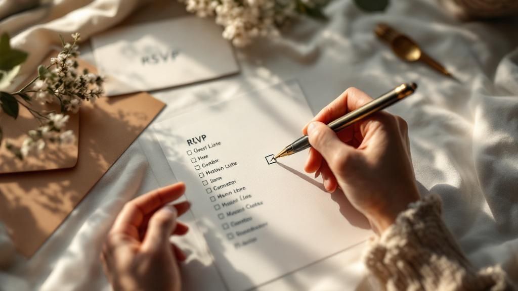 A person writing names on a guest list with a pen and a clipboard.