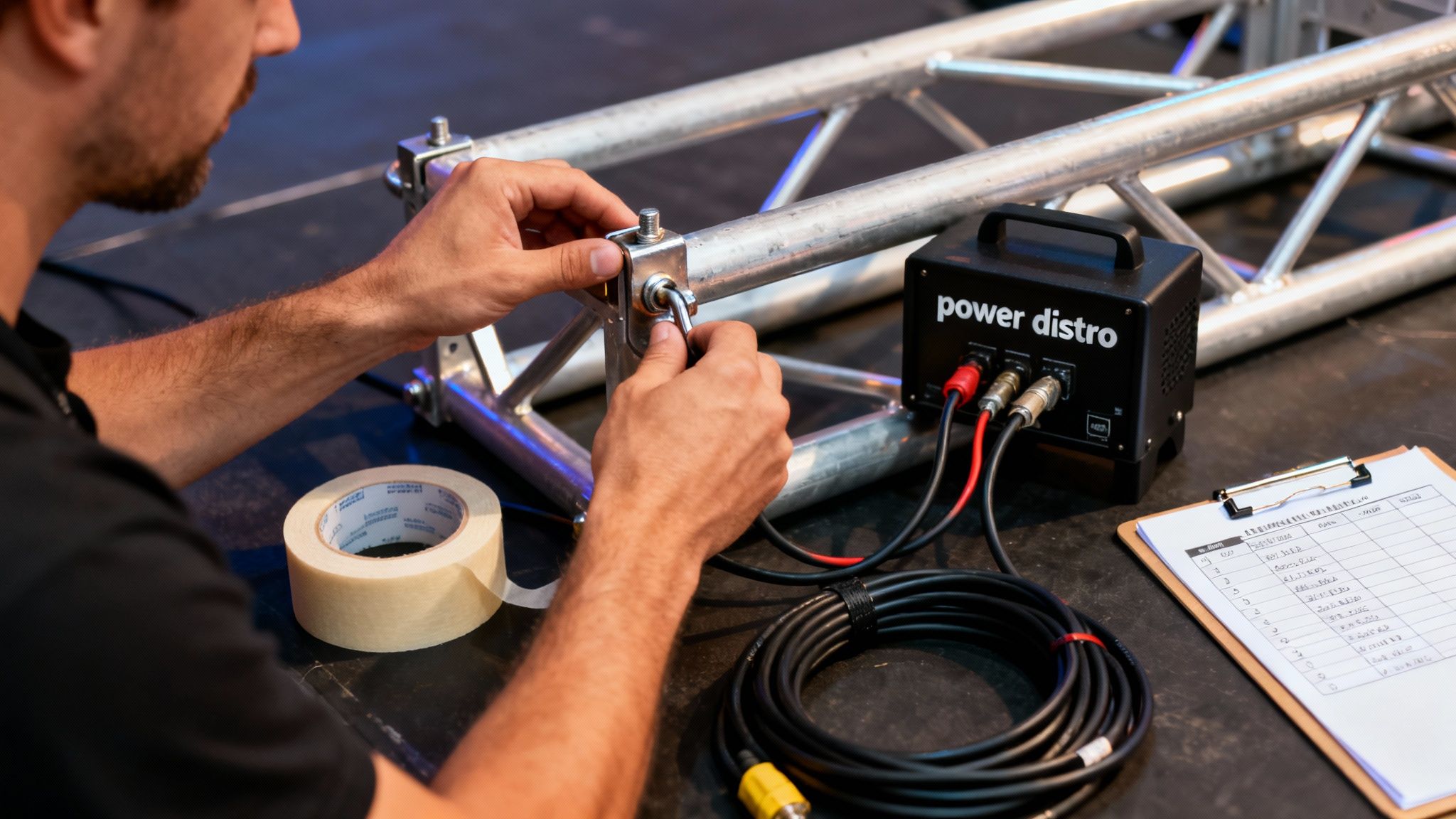 Hands securing a metal truss with a pin, alongside a power distribution box and coiled cables, during event setup.