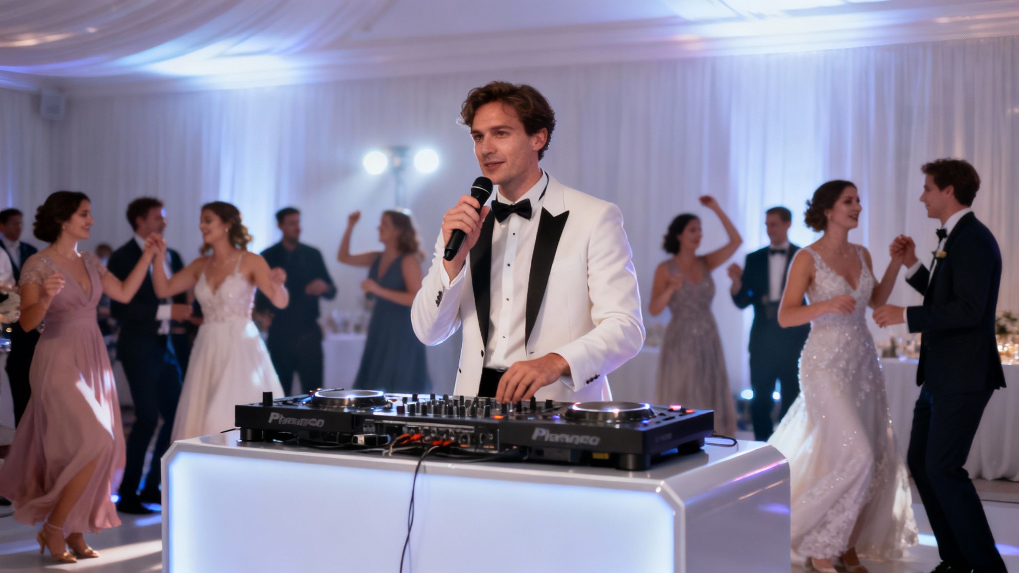 A wedding DJ in action, mixing music on a turntable with a lively crowd dancing in the background.