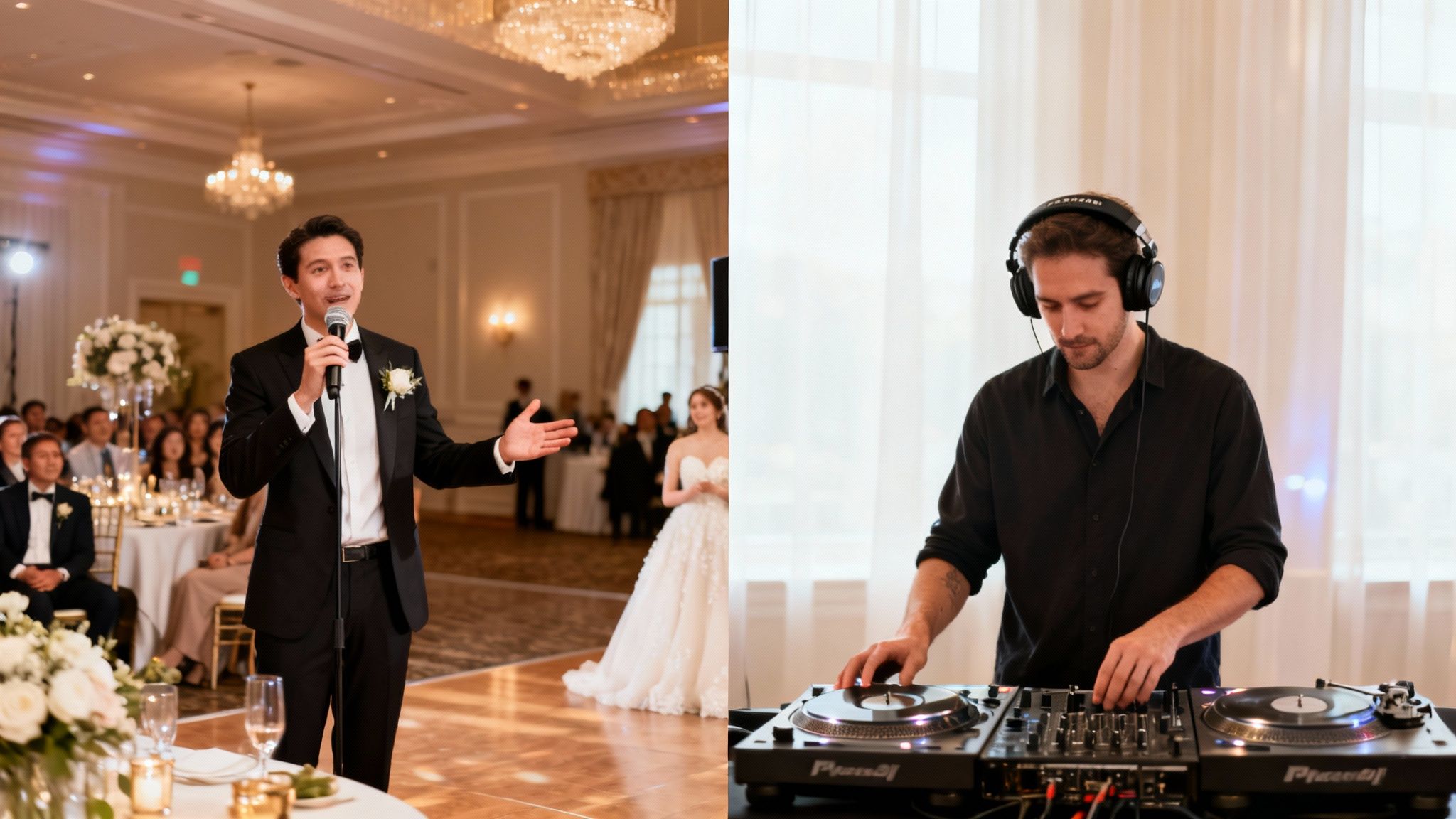 A man speaks into a microphone as a wedding MC, and another man DJs with headphones and turntables.