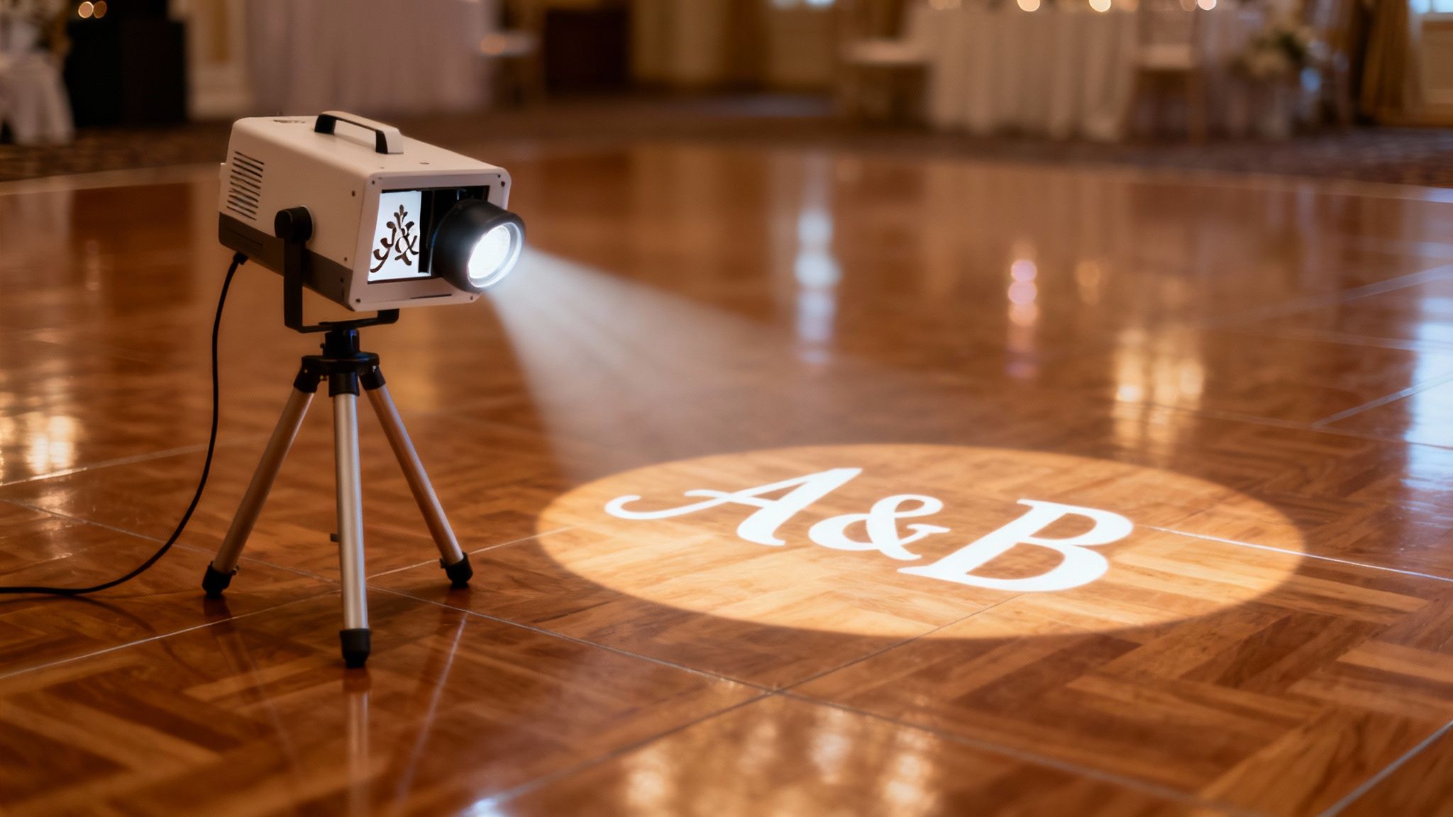 A gobo projector on a tripod casts an 'A & B' monogram onto a wooden dance floor.