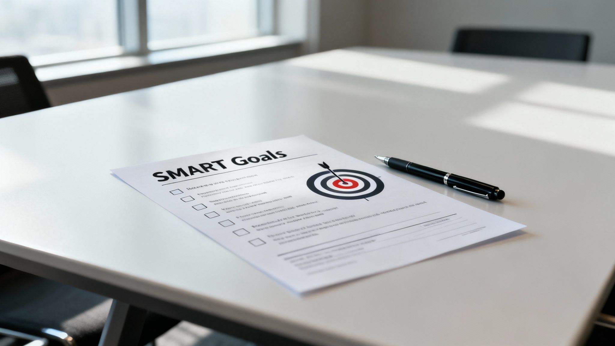 A document titled "SMART Goals" with a target graphic and a pen on a clean white conference table.