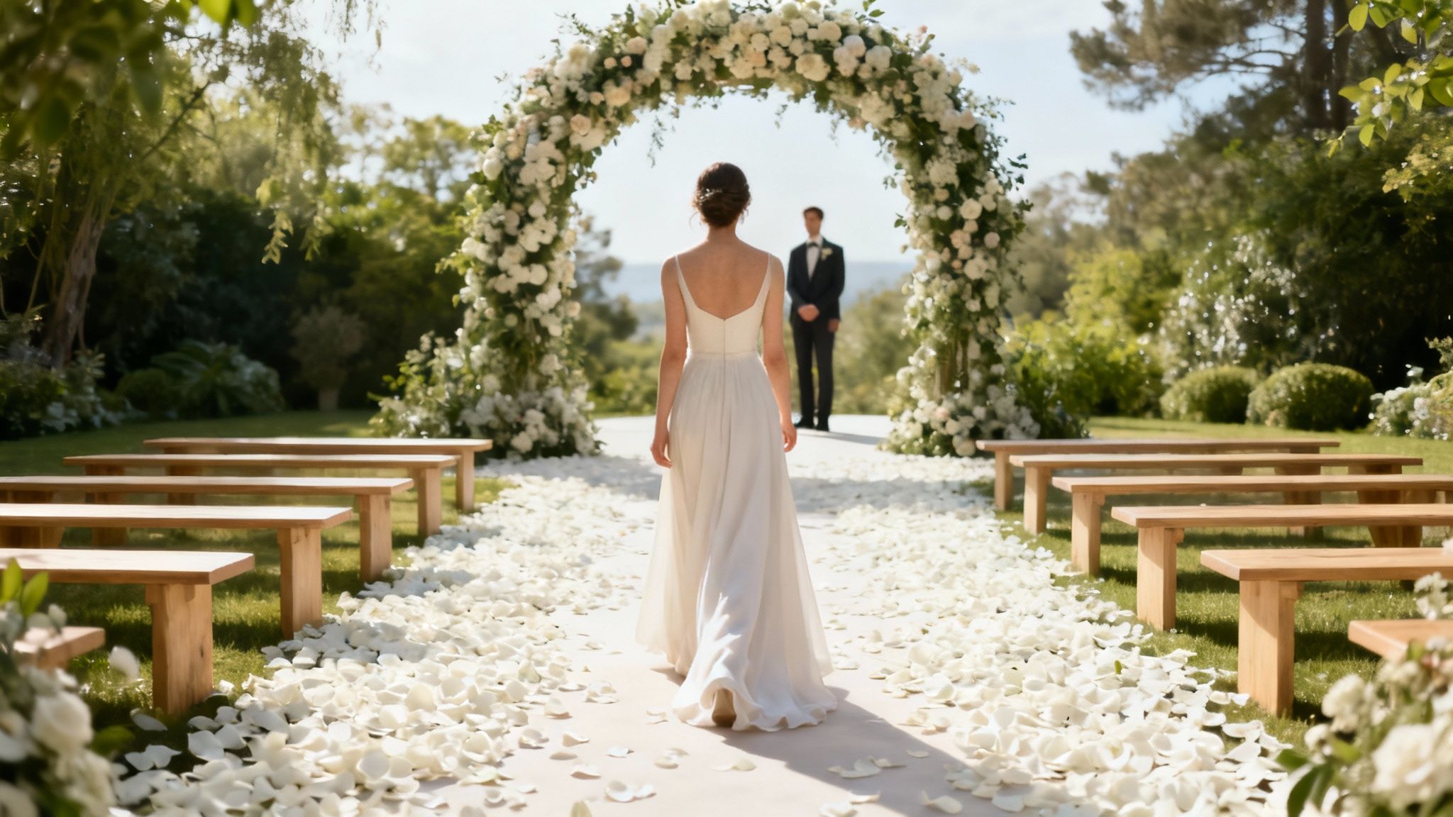A bride being walked down the aisle by her father during an outdoor wedding ceremony