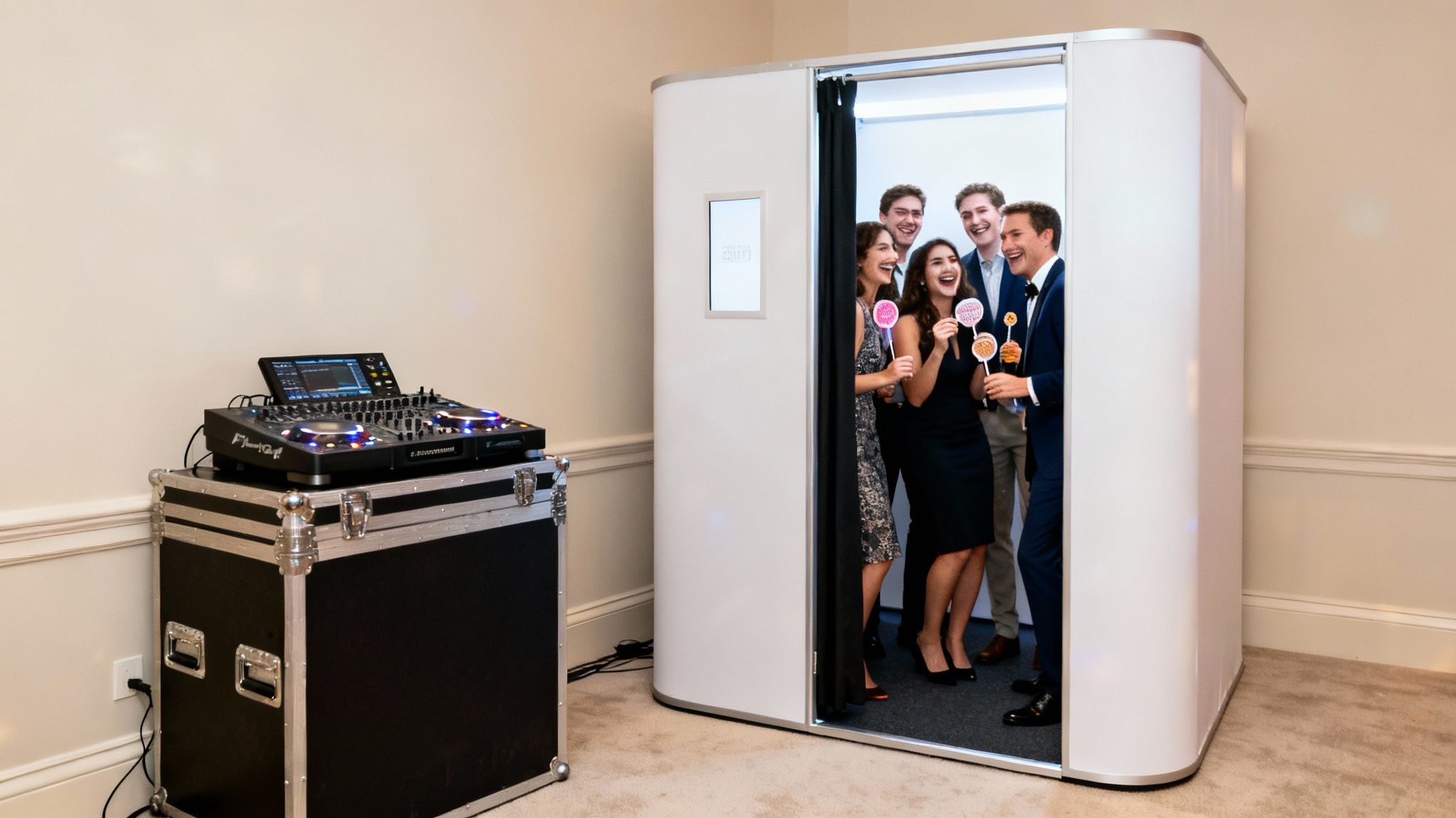 A group of happy people laughing and holding fun props inside a white photo booth at an event, with DJ equipment on the side.