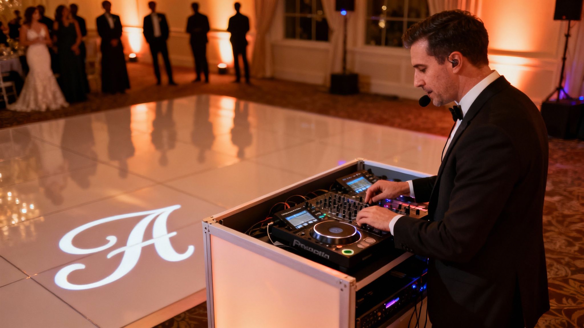 A professional wedding DJ in a suit operating equipment at a reception with a monogrammed dance floor.