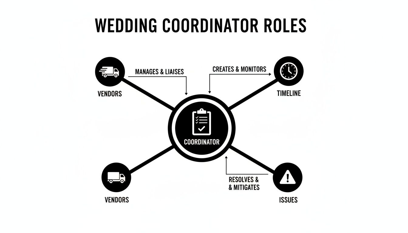 Infographic illustrating the key roles of a wedding coordinator: managing vendors, timelines, and issues.