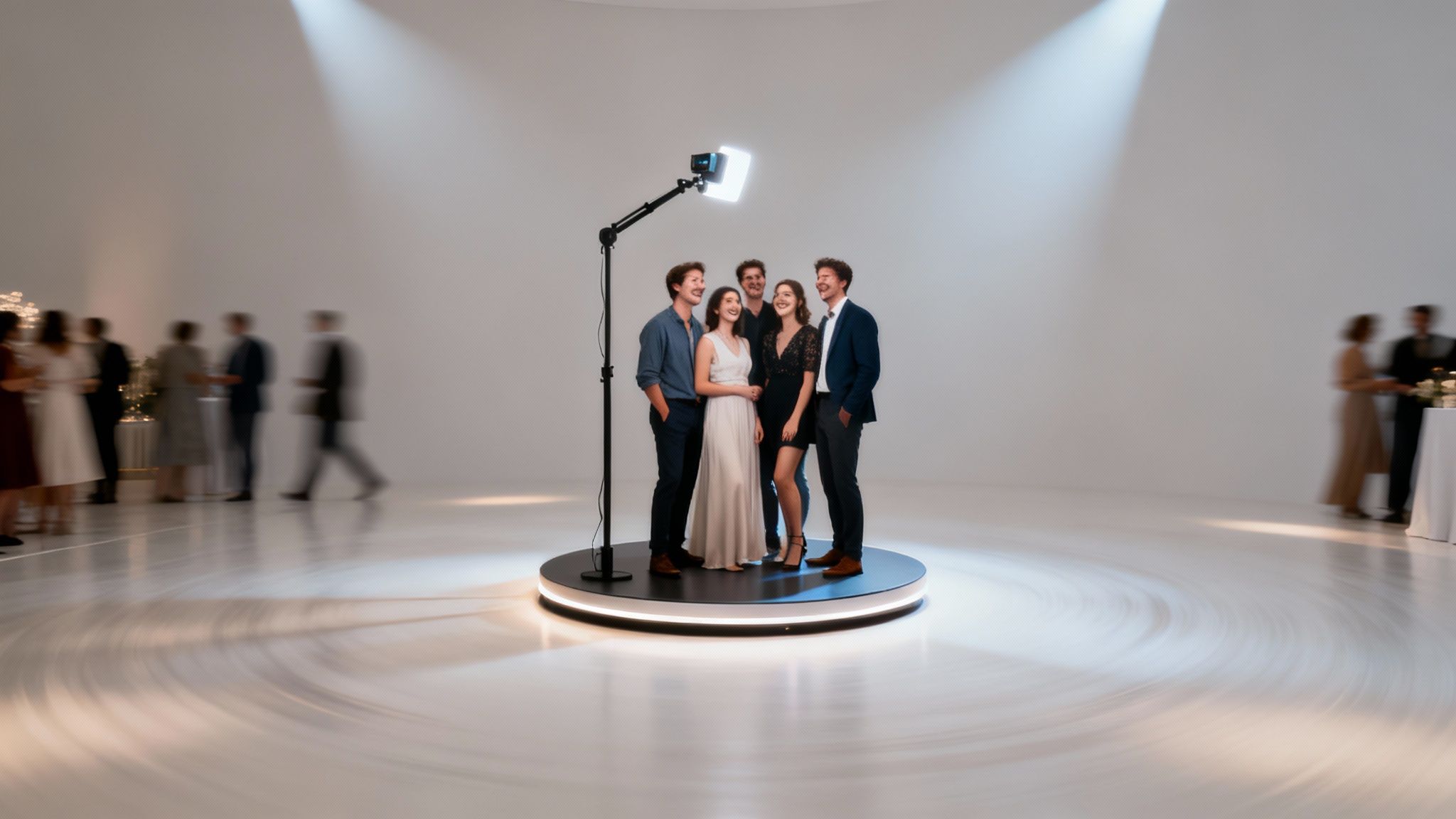 A group of five smiling people on a rotating platform with a camera, capturing a 360-degree video at a party.