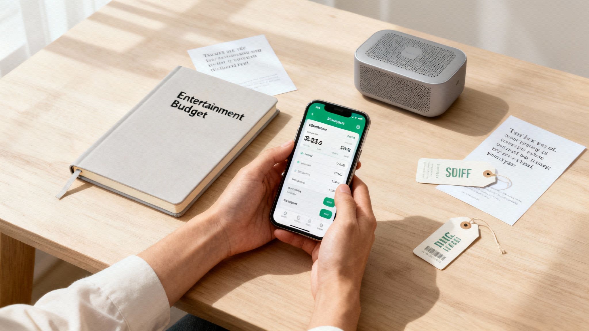 Close-up of hands holding a smartphone displaying a budget app, next to an 'Entertainment Budget' notebook.