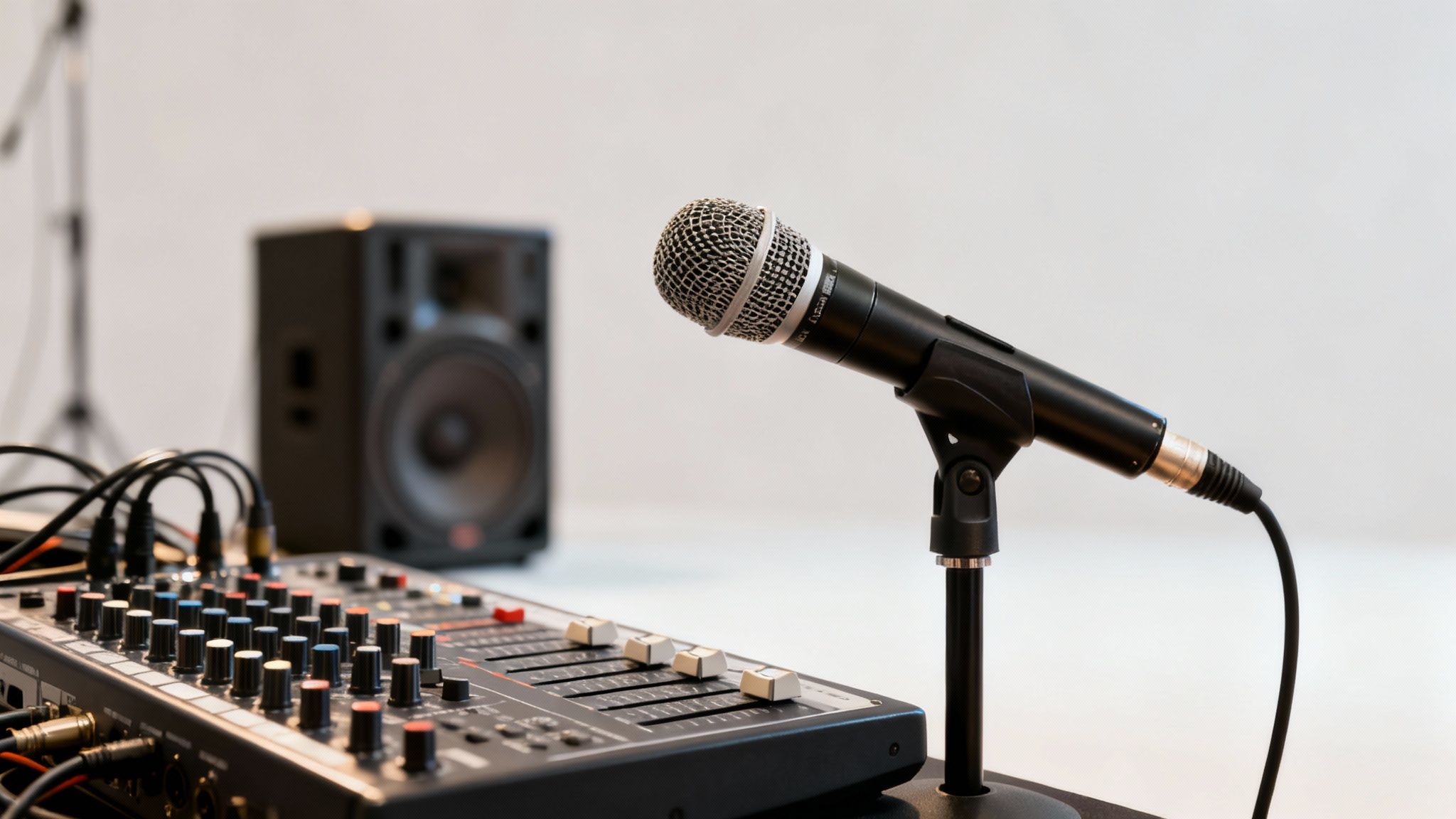 A close-up of a microphone on a stand, a sound mixer, and a speaker for events.