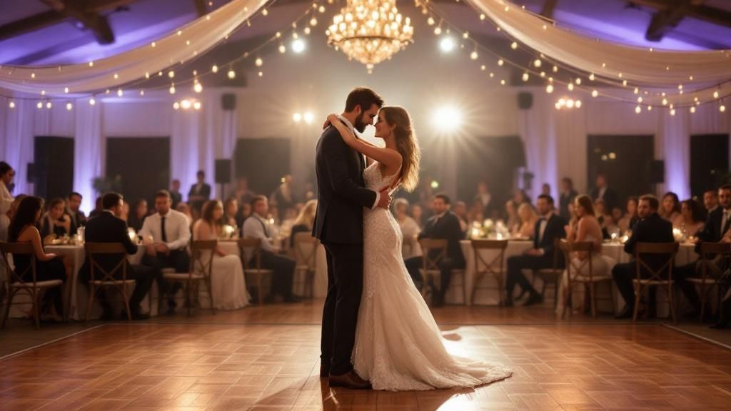 Couple celebrating with guests during their wedding reception.