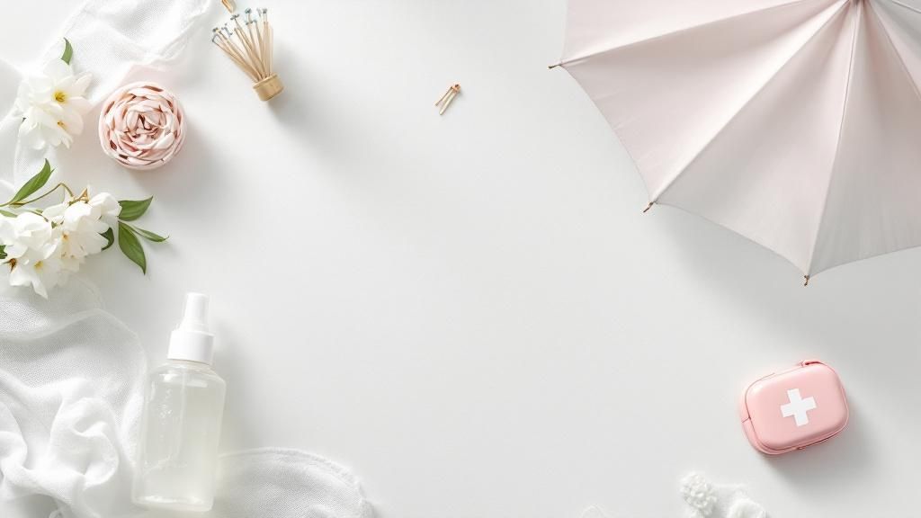 A well-organized wedding day emergency kit with items like safety pins, bandages, and stain remover neatly arranged in a clear container.
