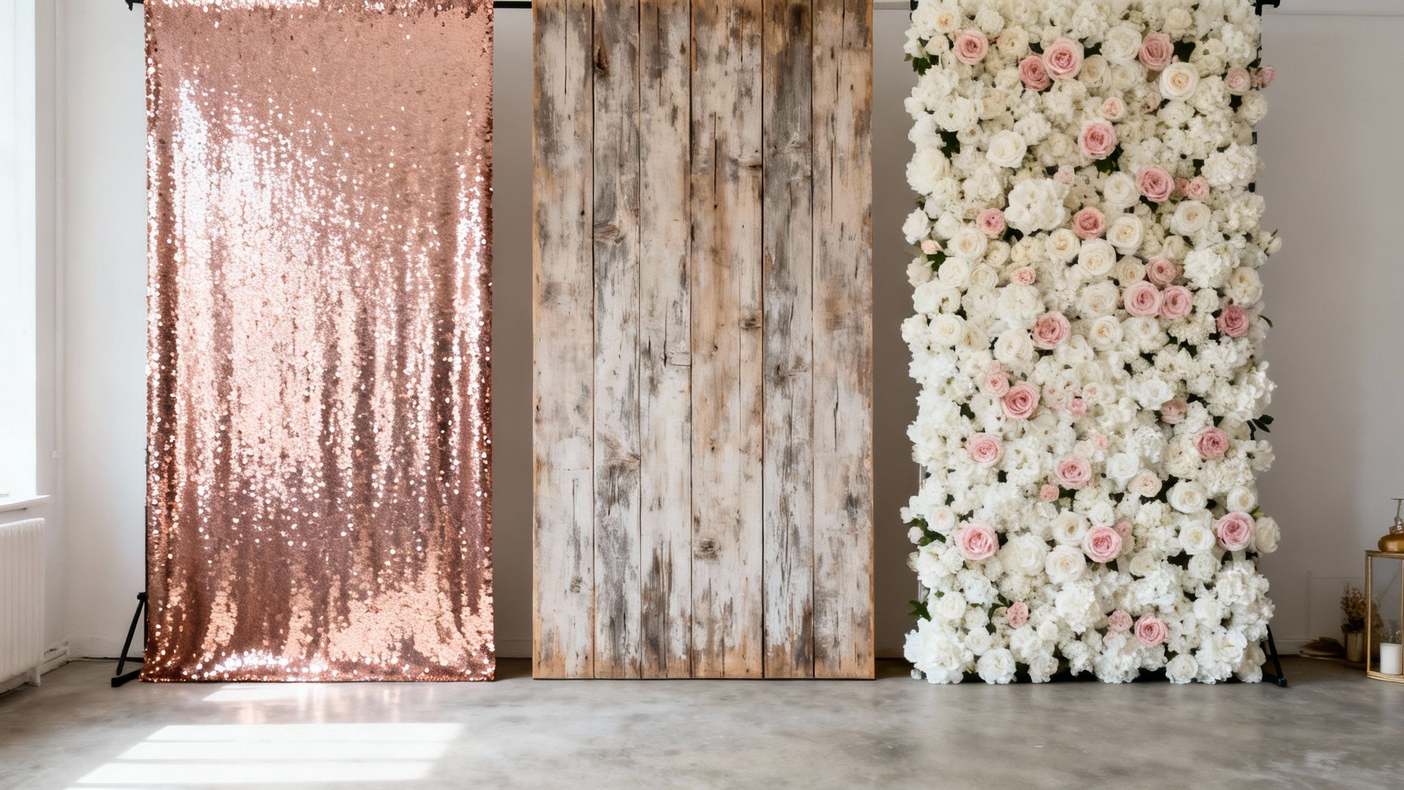 Three distinct photo booth backdrops: shimmering rose gold, rustic wood, and elegant floral designs.
