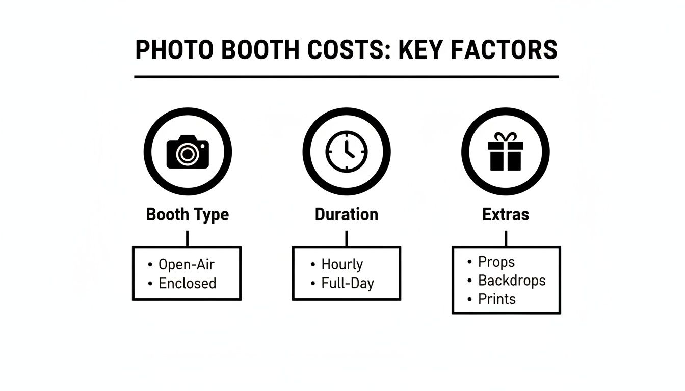 A diagram illustrating key factors that determine photo booth costs, including booth type, duration, and extras.