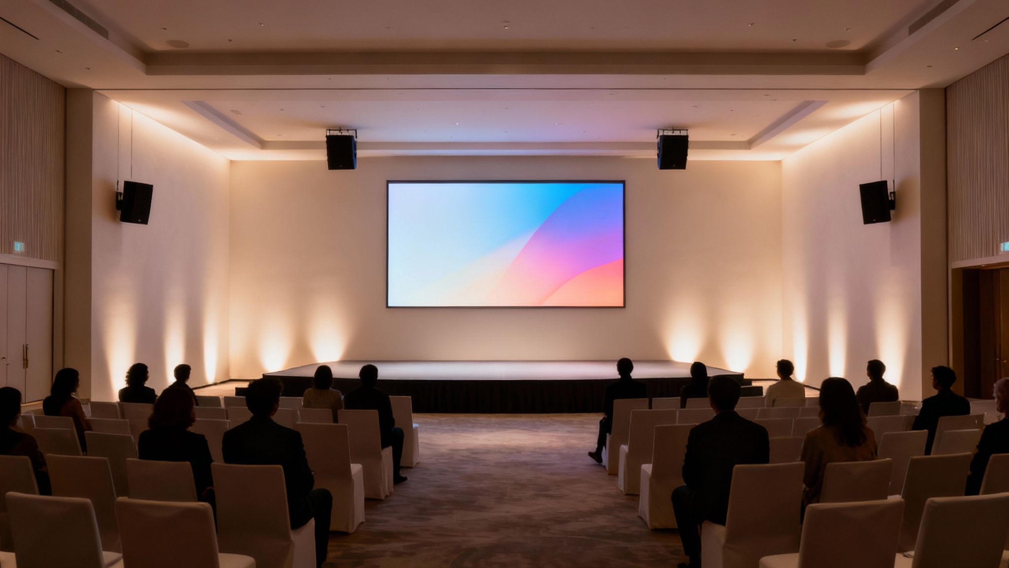 Attendees watch a large vibrant screen on a stage in a modern conference room with speakers.