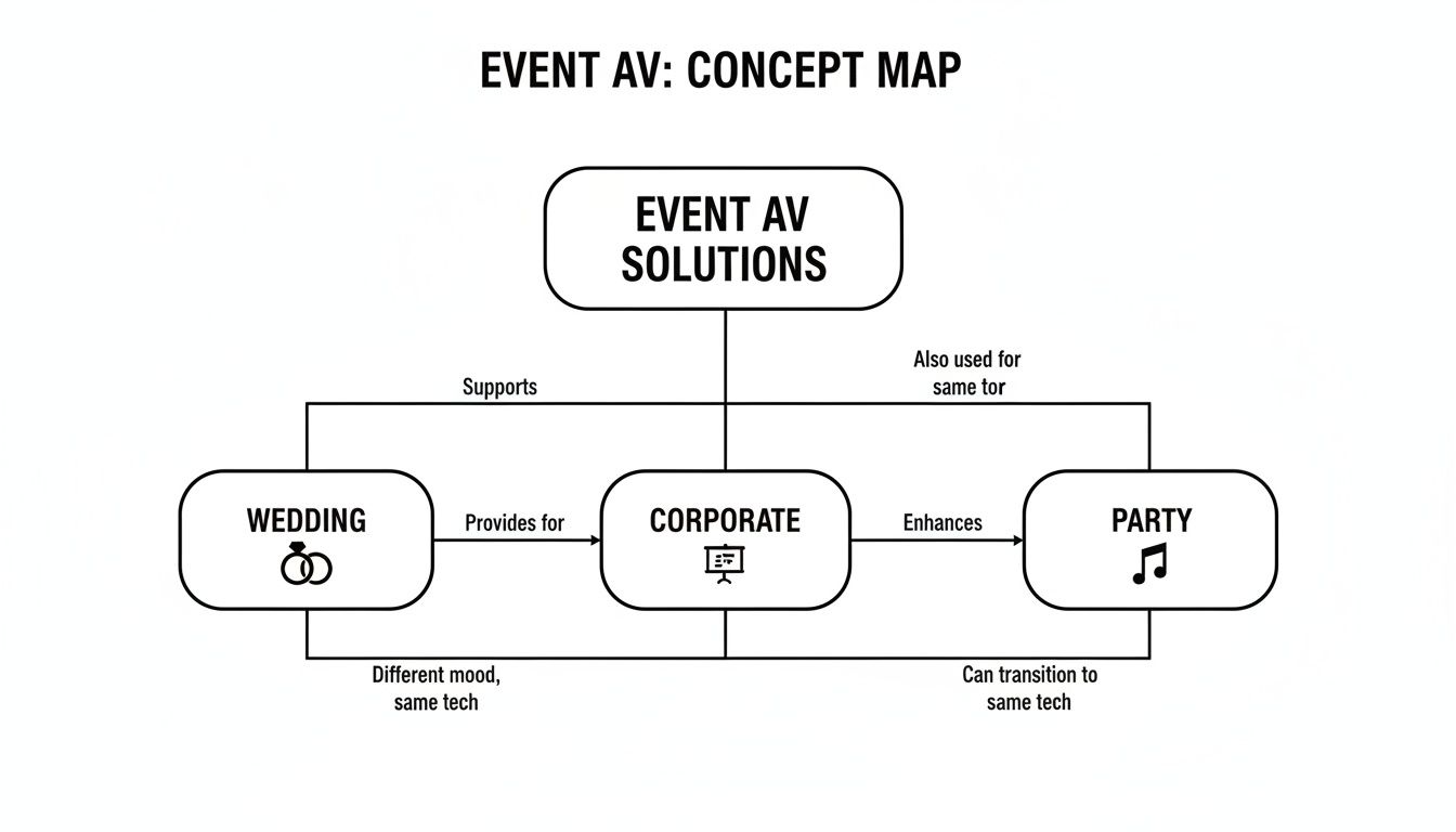 Concept map illustrating event AV solutions and their applications across wedding, corporate, and party events.