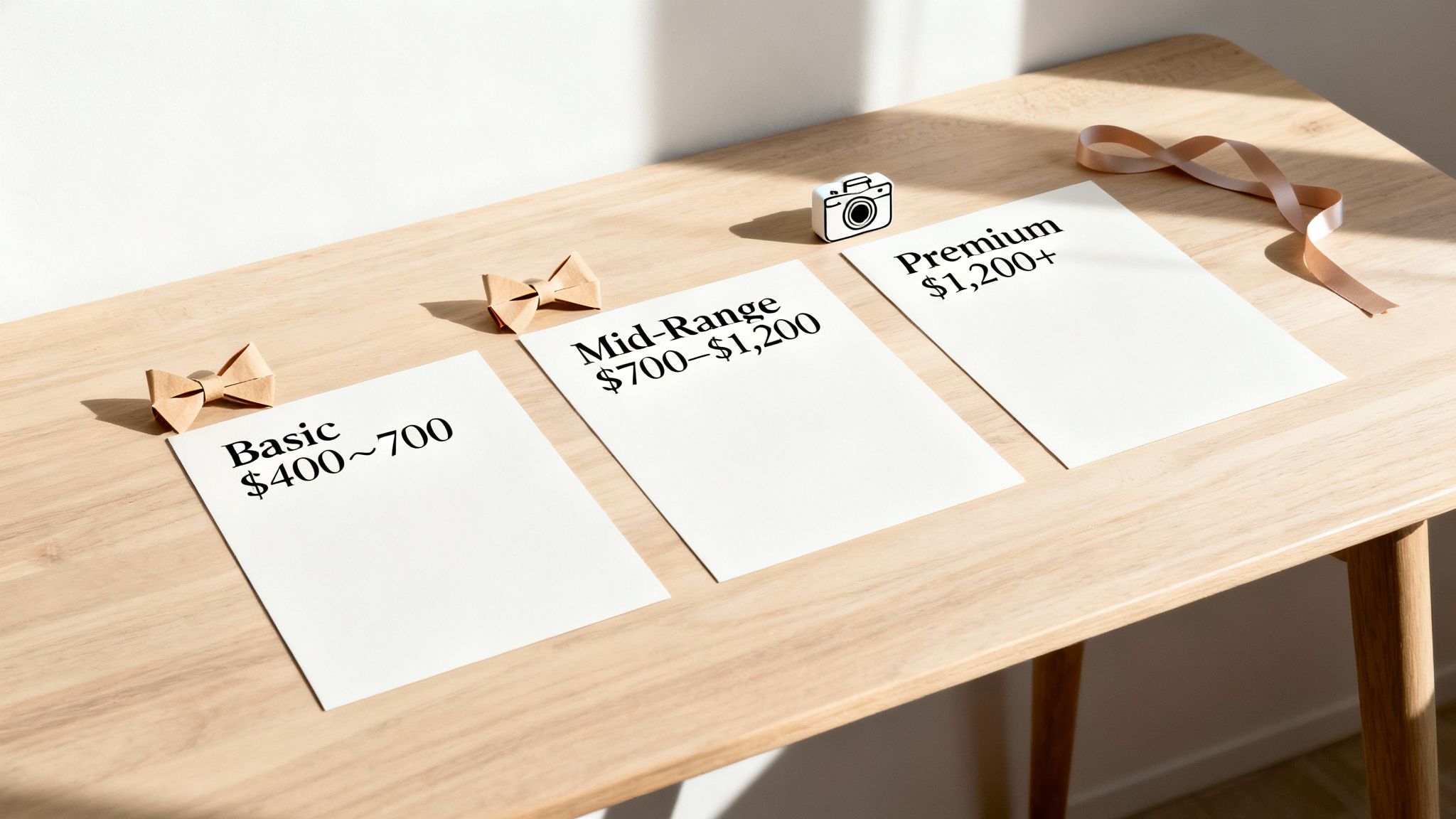 White papers display wedding service pricing tiers: Basic, Mid-Range, and Premium packages.