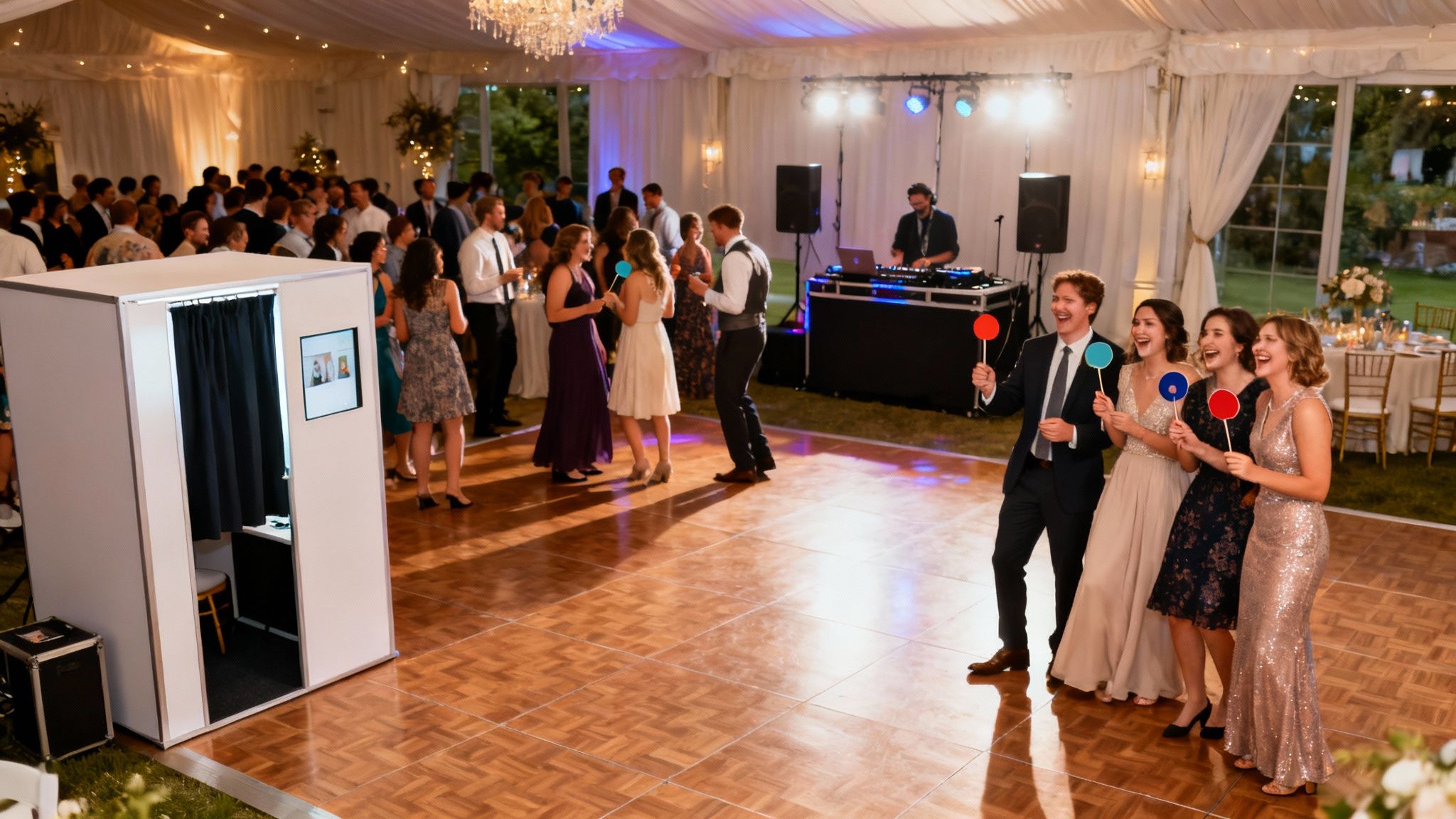 Guests enjoying a photo booth with fun props at a lively event.