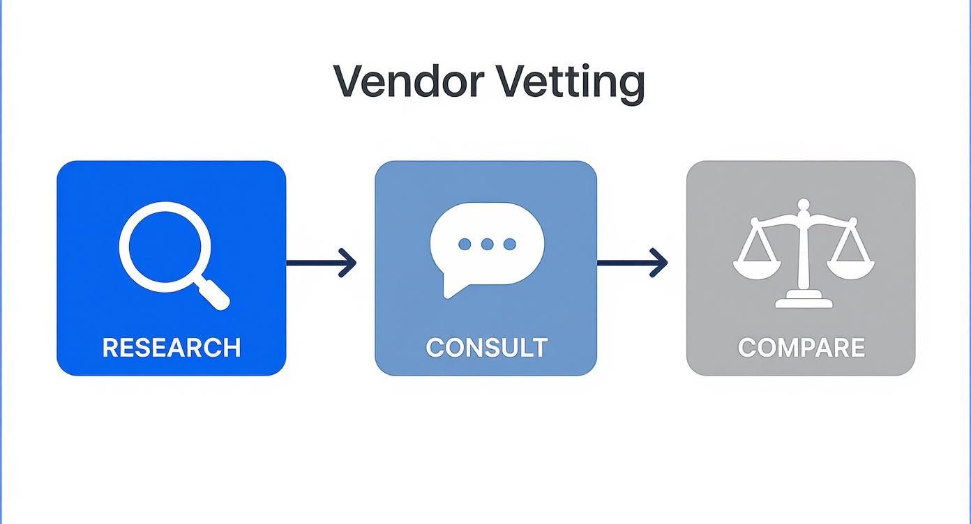 Flowchart illustrating the vendor vetting process with three key steps: research, consult, and compare.