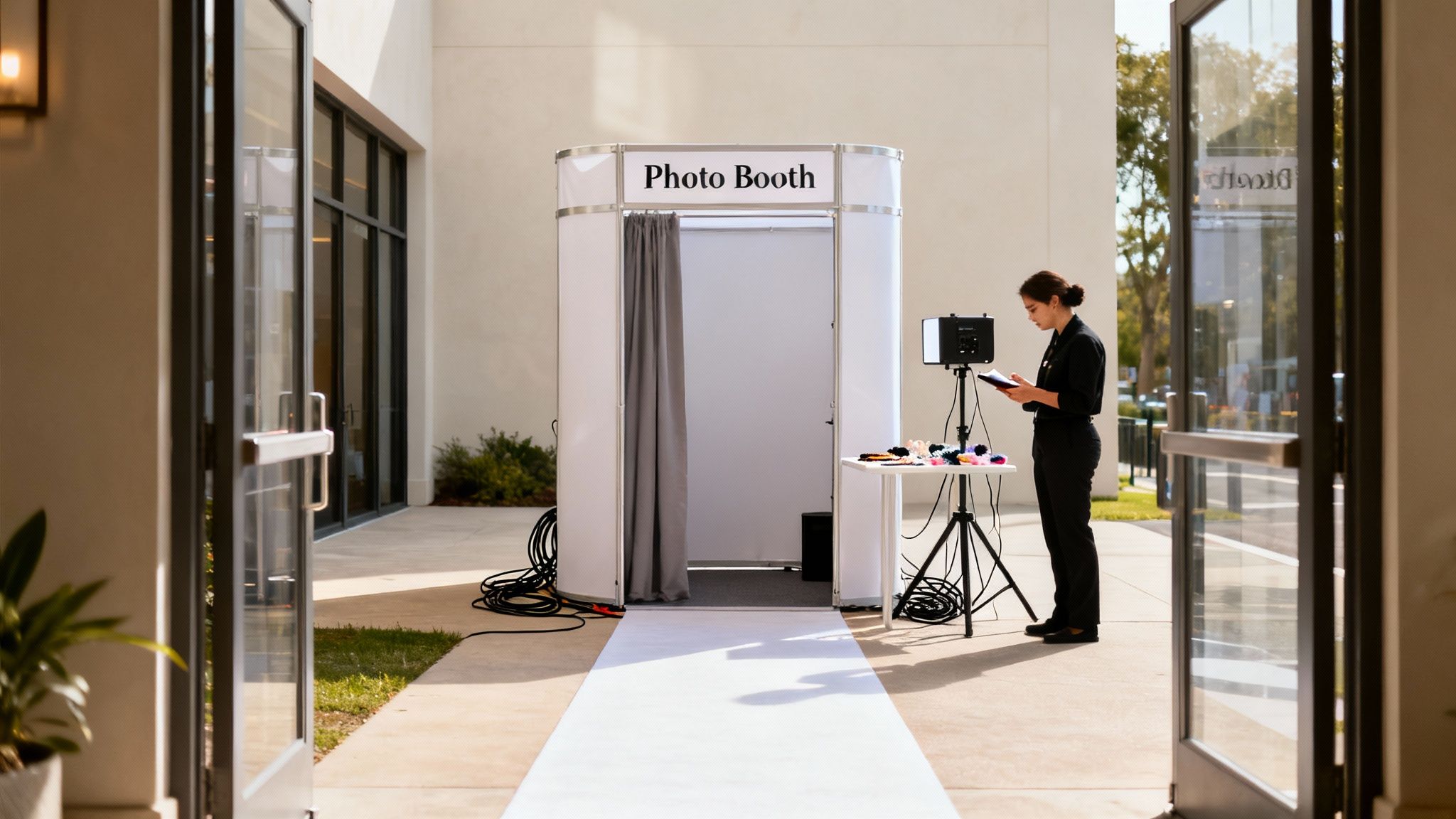 Outdoor photo booth setup with a staff member, props, and lighting equipment.