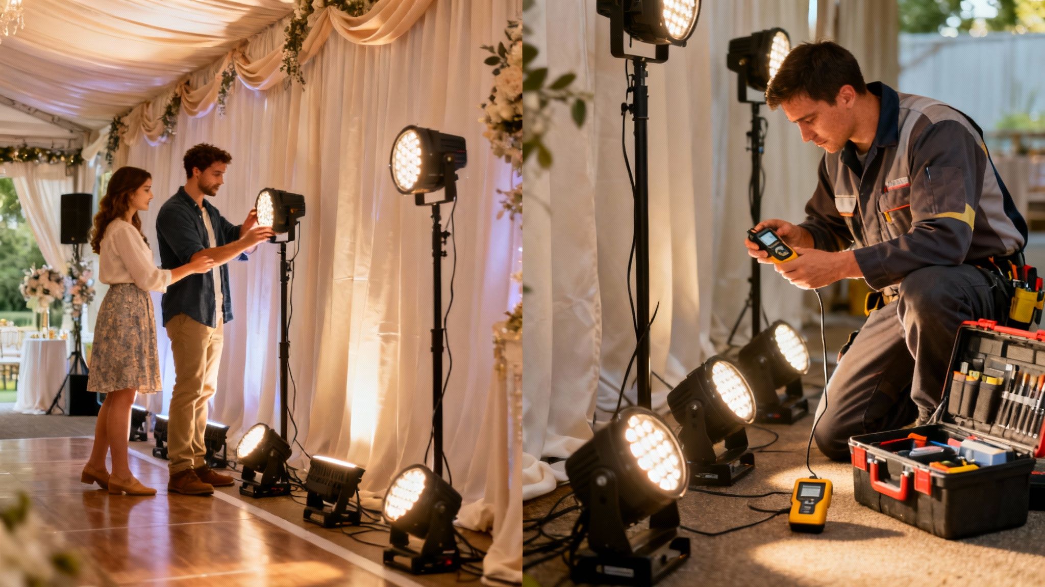 A professional event technician adjusting a wireless uplight on the floor of a wedding reception hall.