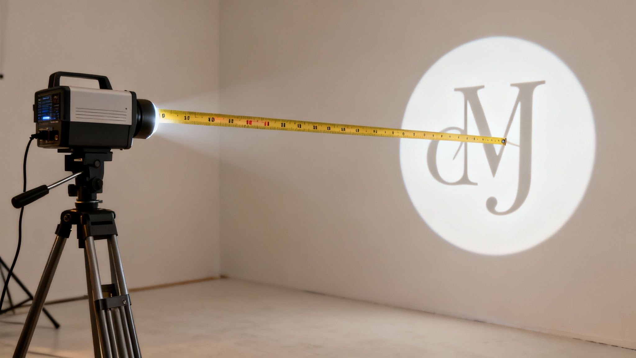 Gobo projector shining an 'MJ' logo onto a wall, with a tape measure showing distance.