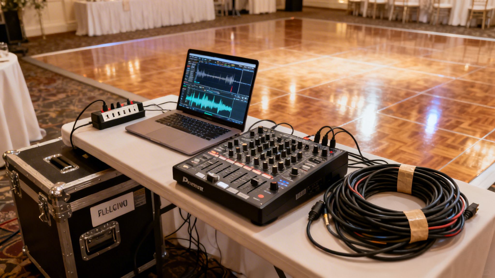 A professional DJ setup with a laptop, mixer, and cables on a table next to a reflective wooden dance floor.